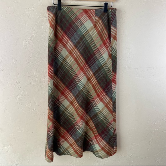 Willi Smith Wool Plaid A-line MIDI Skirt Made in Italy 10P Vintage Green Tan Red - Picture 4 of 9